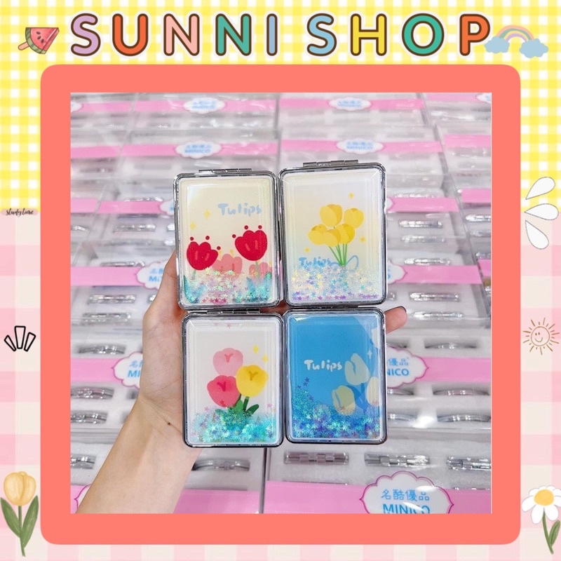 Gương Mini Bỏ Túi 2 Mặt Kim Tuyến Nước Lấp Lánh Xinh Xắn