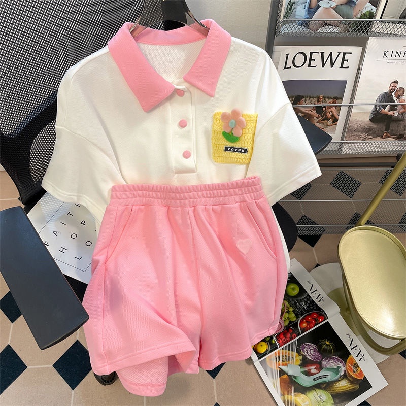 Set Áo Thun polo In Hình Hoa Phối Quần Short Dáng Rộng Thời Trang Trẻ Trung Cho Nữ