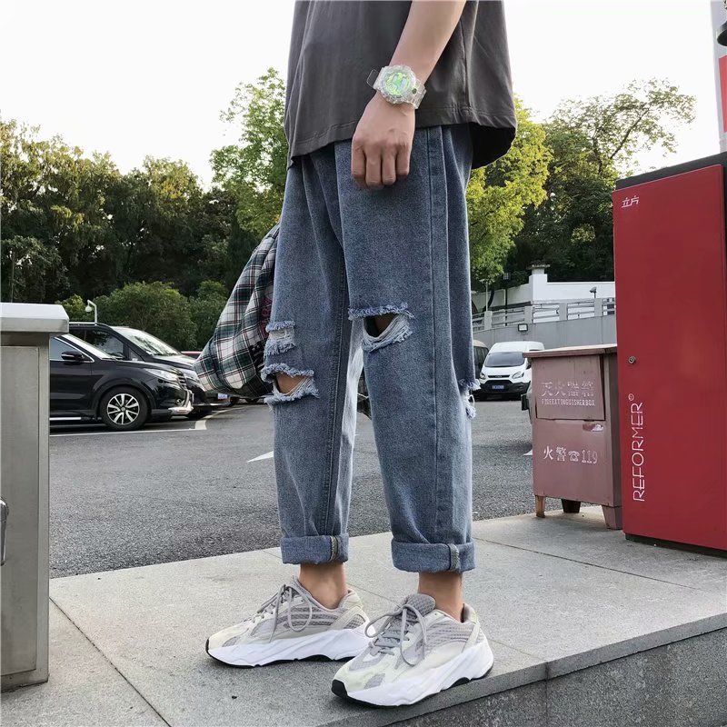 Quần jeans dài ống rộng rách gối thời trang Hàn Quốc sành điệu cho nam