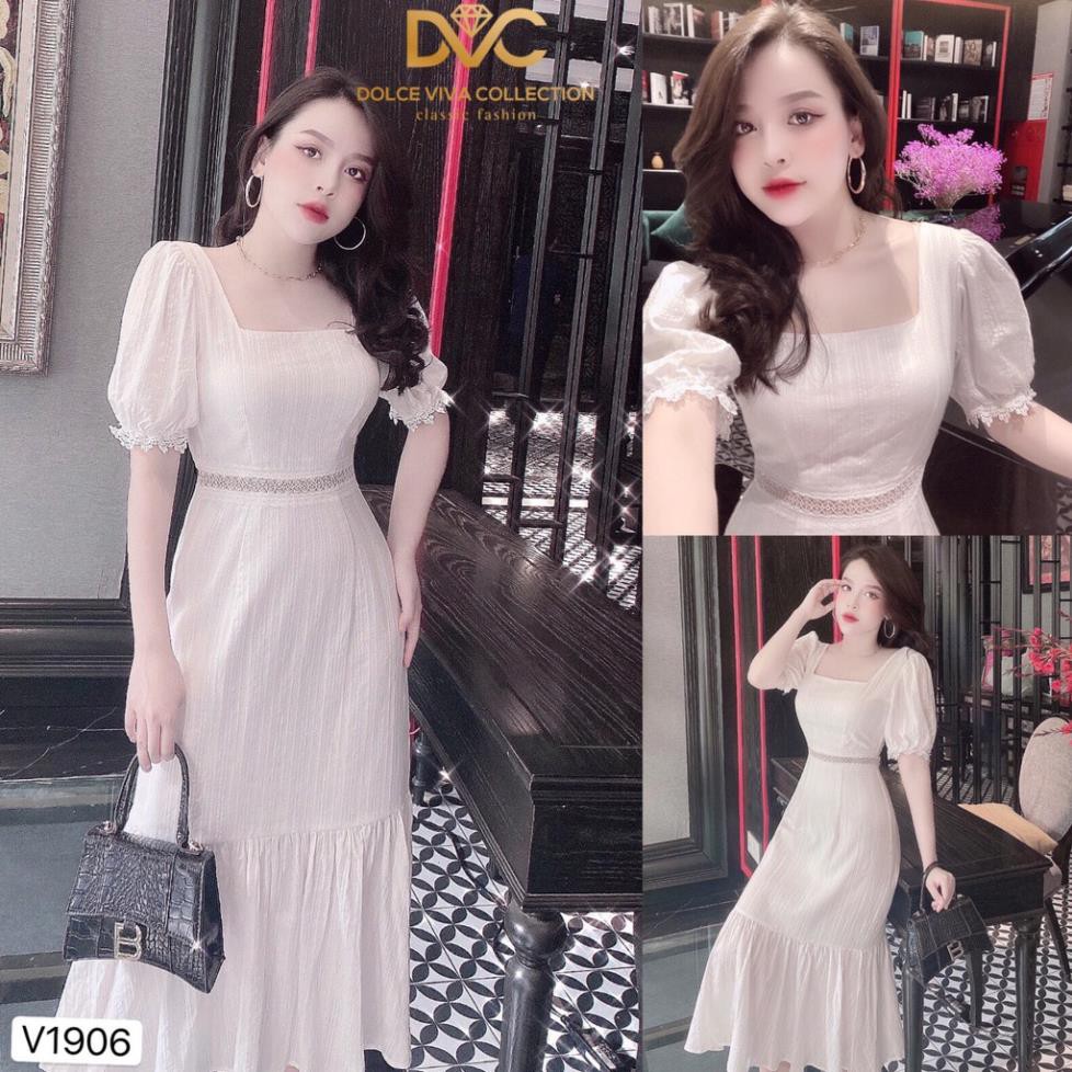 [VÁY ĐI DU LỊCH CAO CẤP] Váy thiết kế dài trắng cổ vuông đuôi cá