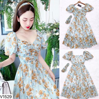 Đầm Váy hoa xòe tay bồng V1529