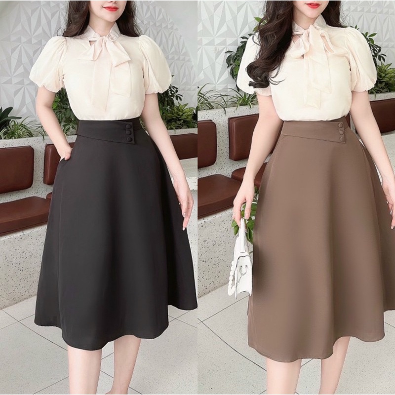 Chân váy xoè dáng midi qua gối chất liệu dày dặn đứng phom mặc đi làm đi chơi cv99