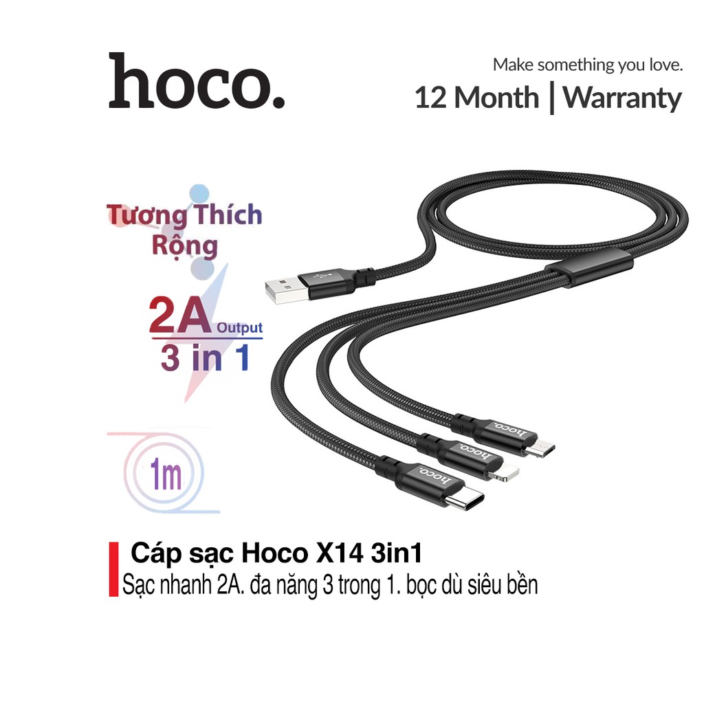 Cáp sạc 3 in 1 Hoco X14 (Micro USB, Lightning, Type-C) hỗ trợ sạc nhanh 2.4A Max tương thích với tất cả các dòng iPhone