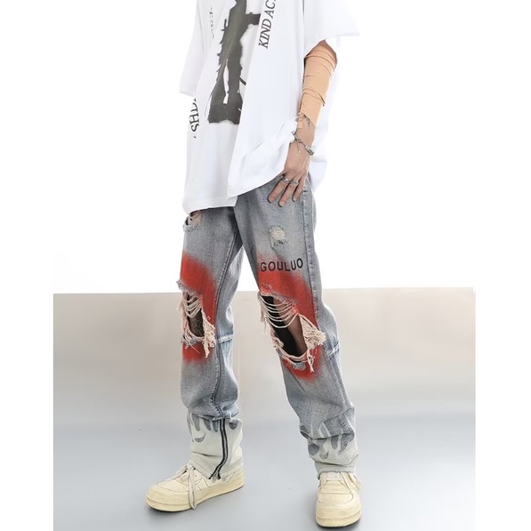 Quần Jean Dài Dáng Rộng Phối Rách Kiểu hip-hop Đường Phố Cá Tính Cho Nam Và Nữ