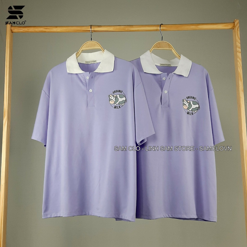 Áo thun Polo tay lỡ form rộng nữ SAM CLO phông freesize unisex mặc đi học, nhóm, lớp in hình BÒ SỮA