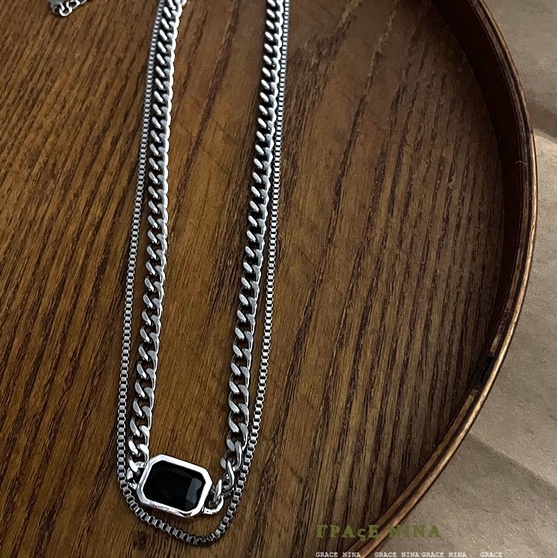 Vòng cổ Cuba Black Merin Accessories Màu Bạc Đính Đá Đen Sang Trọng - Mặt Vòng Cổ Đá Đen Thép Titan Không Gỉ -Cuba Black