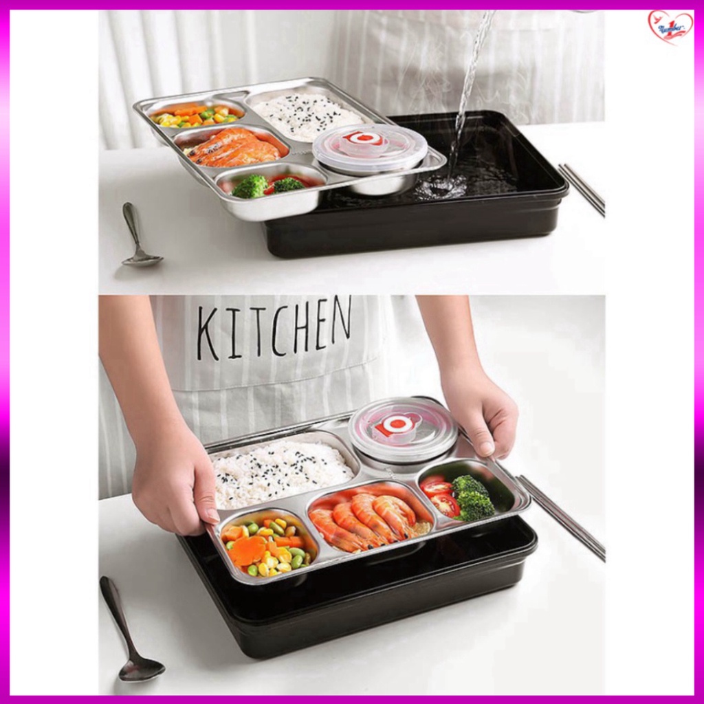 Hộp cơm văn phòng khay Inox 5 ngăn, có giá để điện thoại