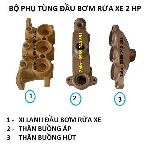 Phụ tùng đầu bơm rửa xe cô doa 2 HP - Xy lanh, buồng áp, buồng hút đầu bơm 2HP