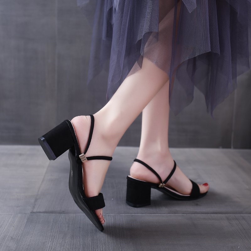 Giày sandal cao gót vuông 5p quai ngang hở gót 2 kiểu mang