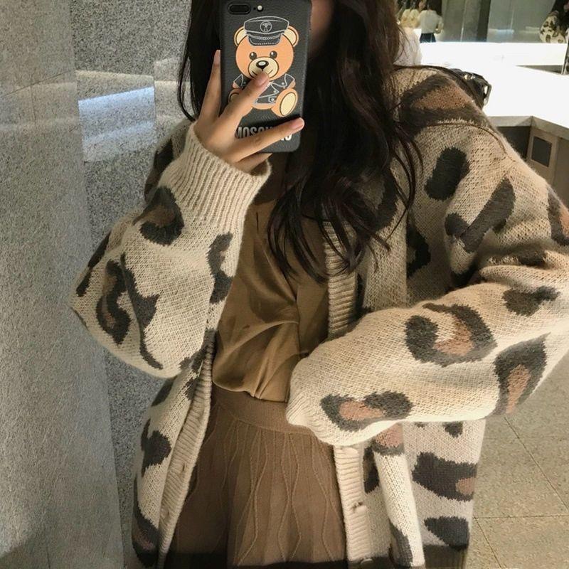 Áo khoác cardigan len họa tiết da báo dáng dài 3 màu
