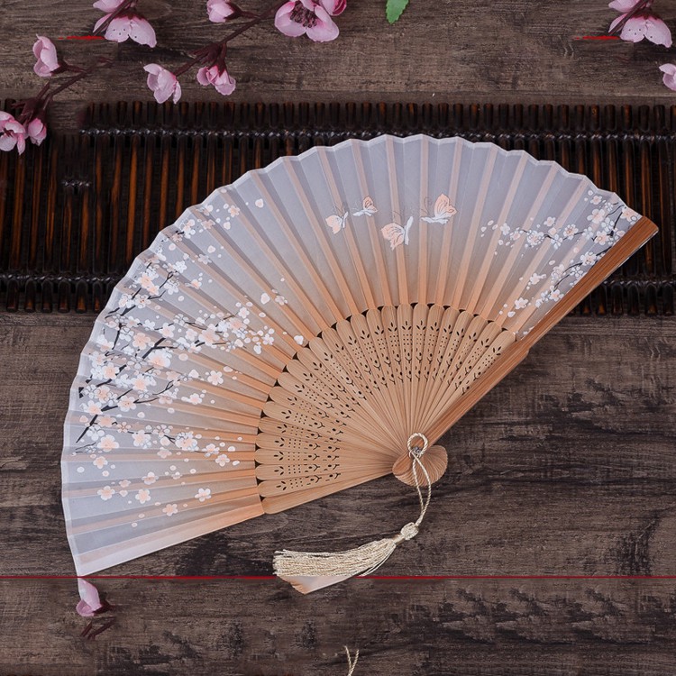 Quạt cổ phong, cổ trang trung quốc xám sen xếp nhỏ gọn cầm tay Trung Quốc vải lụa in họa tiết
