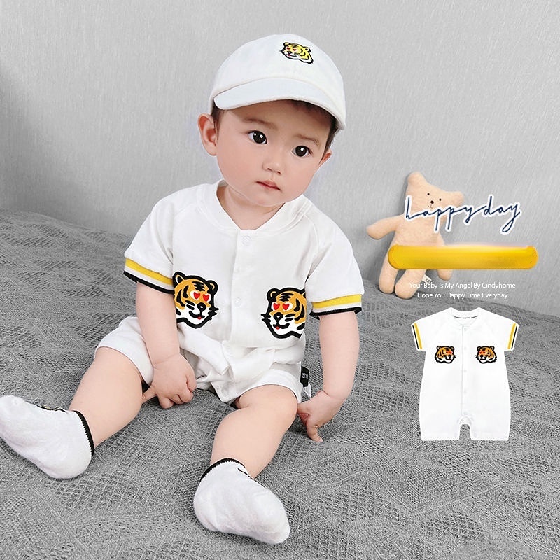 Bộ Áo Liền Quần Tay Ngắn Liền Quần Vải Cotton Mỏng In Hoạt Hình Kèm Mũ Thời Trang Mùa Hè Cho Bé