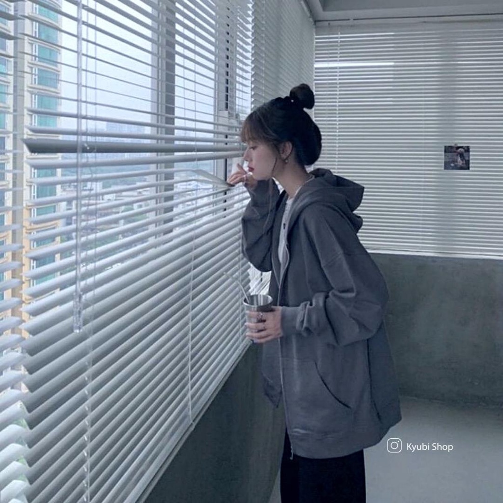 Áo khoác nỉ dây kéo form rộng hàn quốc Hoodie Zip (video ảnh thật/sẵn ) - Kyubi AK09 Xám