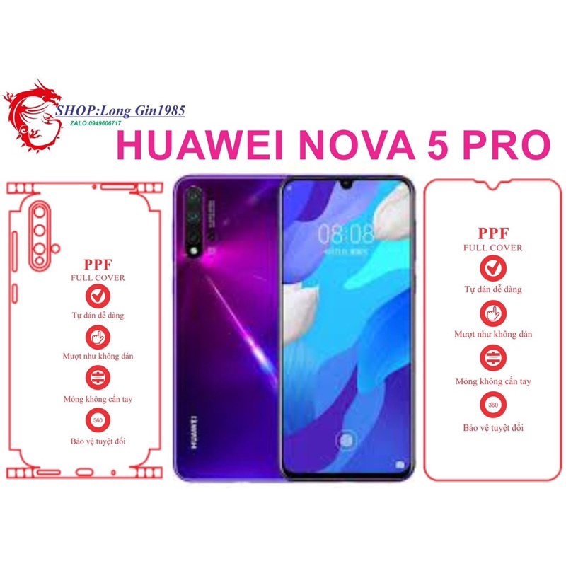 Huawei Nova 5 Pro  miếng dán trong Ppf mặt sau và mặt trước chống va đập chống trầy xước