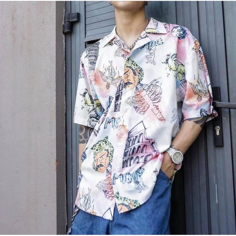 Áo sơ mi họa tiết mèo crayon | BigBuy360 - bigbuy360.vn