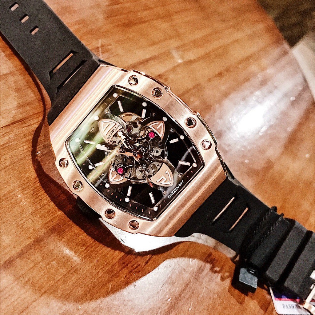 Đồng Hồ Hanboro By Huboler Nam Automatic Dây Silicon Đen Rose Gold Authentic 40x48mm