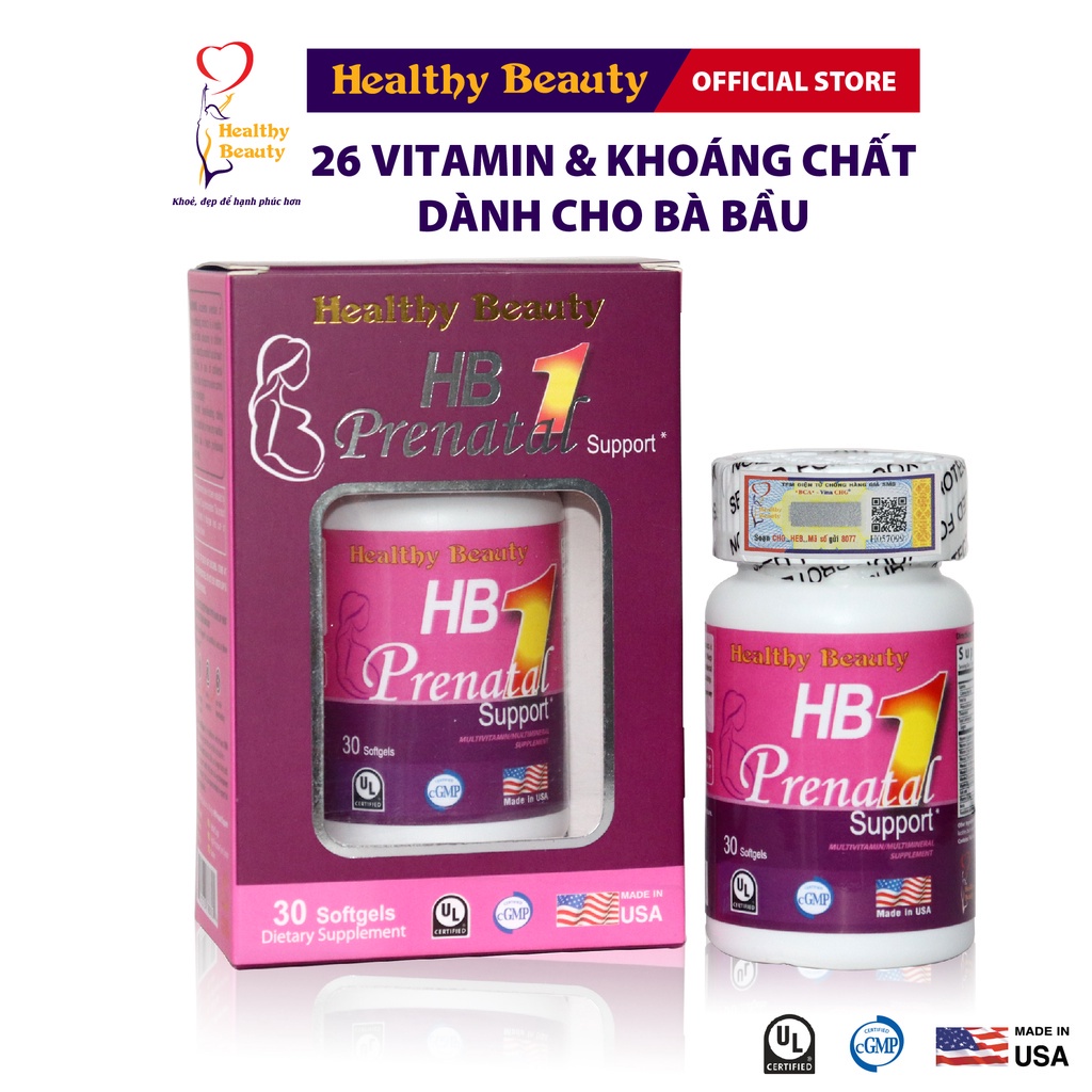 HB Prenatal 1 Multi DHA Support Bổ Sung 26 Vitamin &amp; Khoáng Chất Cho Bà Bầu Mỹ Healthy Beauty Hộp 30 viên