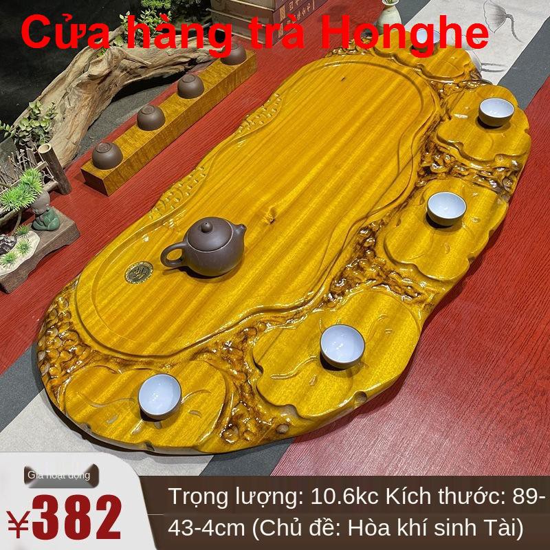 mocboKhay trà bằng gỗ trắc nguyên khối dát vàng lụa nanmu khắc gốc Kung Fu bộ long não hộ gia đình bàn hình chữ