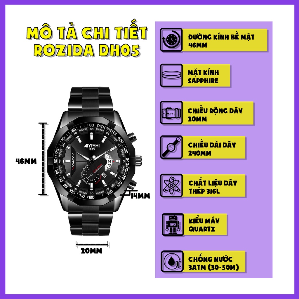 Đồng hồ nam đeo tay chính hãng đẹp giá rẻ thời trang cao cấp chống nước ROZIDA DH05 | BigBuy360 - bigbuy360.vn