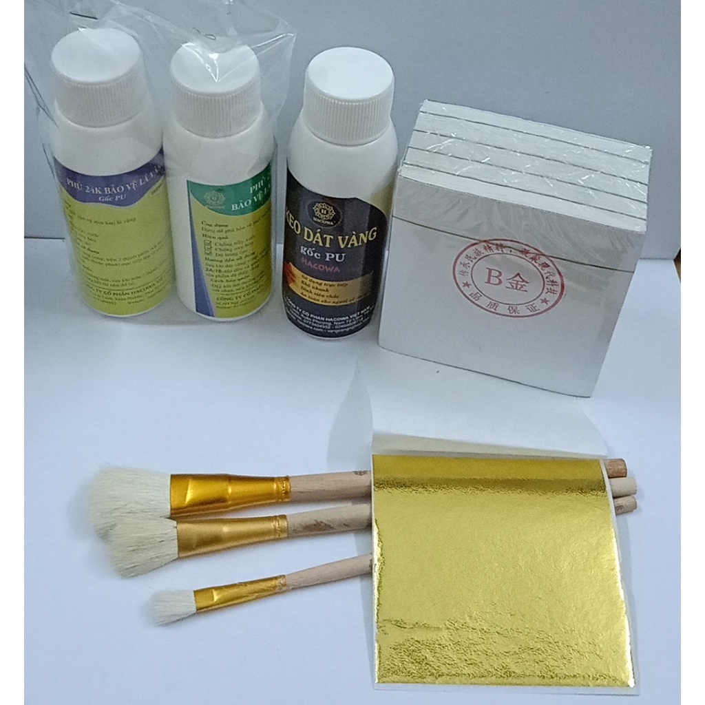 Combo 500 lá vàng kèm đủ keo, phủ bảo vệ, phụ kiện bút chổi dát trên gỗ, nhựa, kim loại bóng đẹp