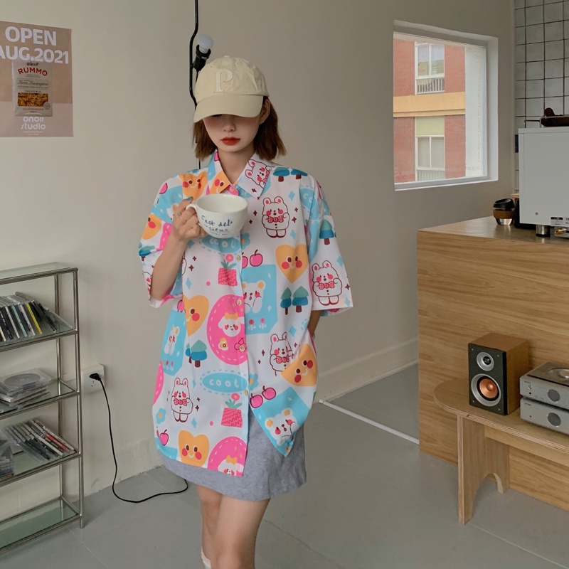 Áo Sơ Mi Tay Ngắn Dáng Rộng In Họa Tiết Dễ Thương Thời Trang Mùa Hè Cho Nữ