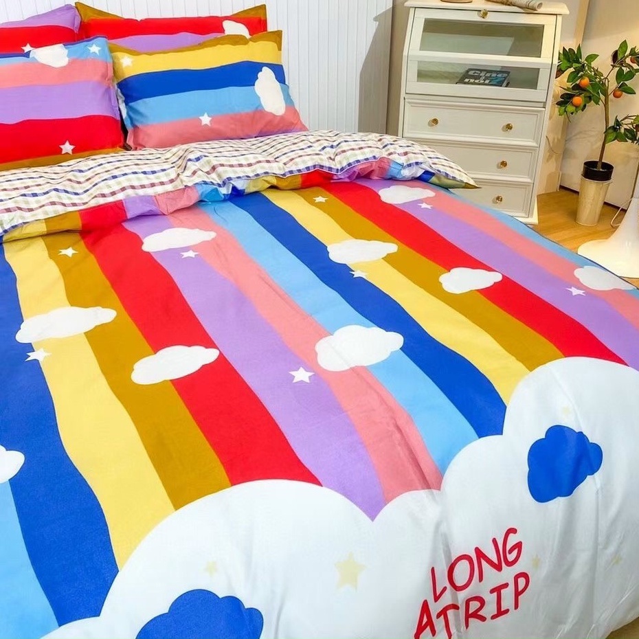 Bộ chăn ga gối cotton poly Lidaco decor phòng ngủ vintage - Mây cầu vồng