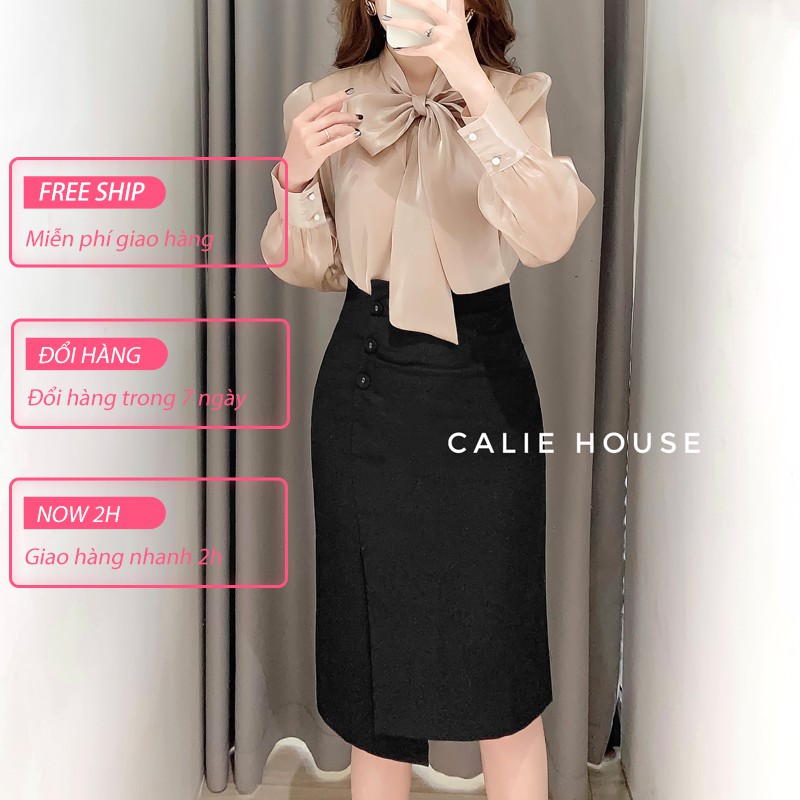 Chân váy dáng dài nữ dáng A cạp cao vạt lệch đính cúc thanh lich thời trang công sở Calie House CV23 | BigBuy360 - bigbuy360.vn