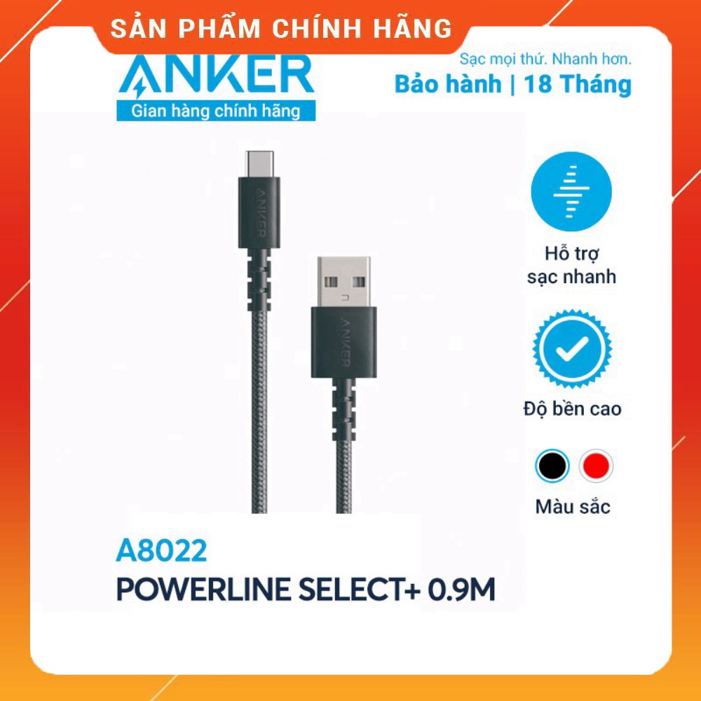 Cáp sạc Type C ANKER PowerLine Select+ USB-C ra USB 2.0 dài 0.9m - A8022