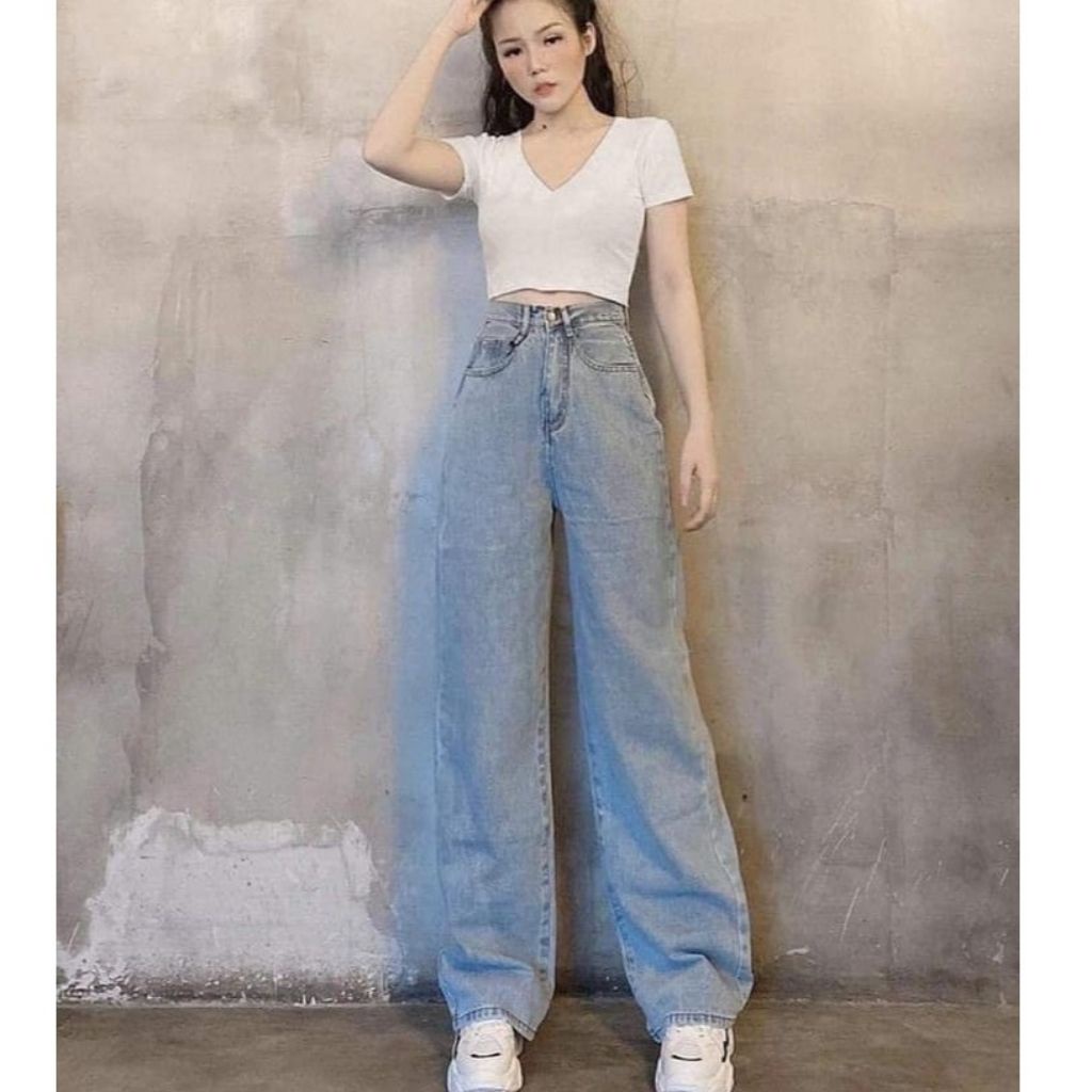 Quần bò nữ - quần jeans nữ ống rộng lưng cao vải bò dày đẹp không giãn dáng suông TED09