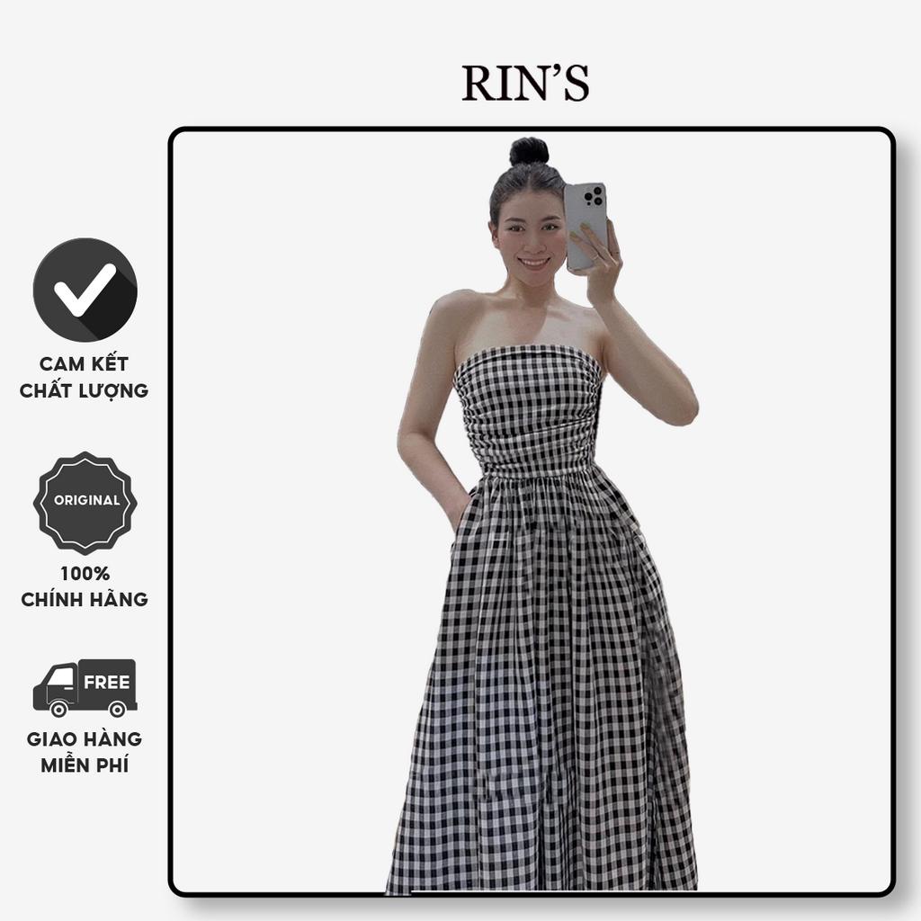 RIN'S - Đầm ống maxi cúp ngực chun lưng túi sườn dáng xòe, váy nữ caro xinh nhẹ nhàng