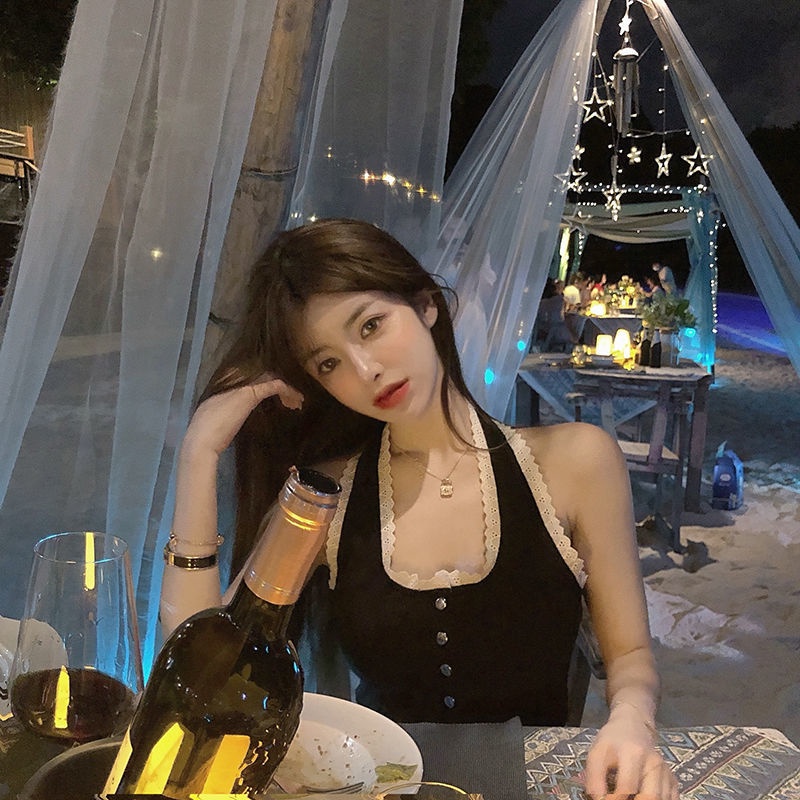 Áo Lót Dệt Kim Hai Dây Phối Ren Màu Đen Thời Trang Mùa Hè Cho Nữ | BigBuy360 - bigbuy360.vn