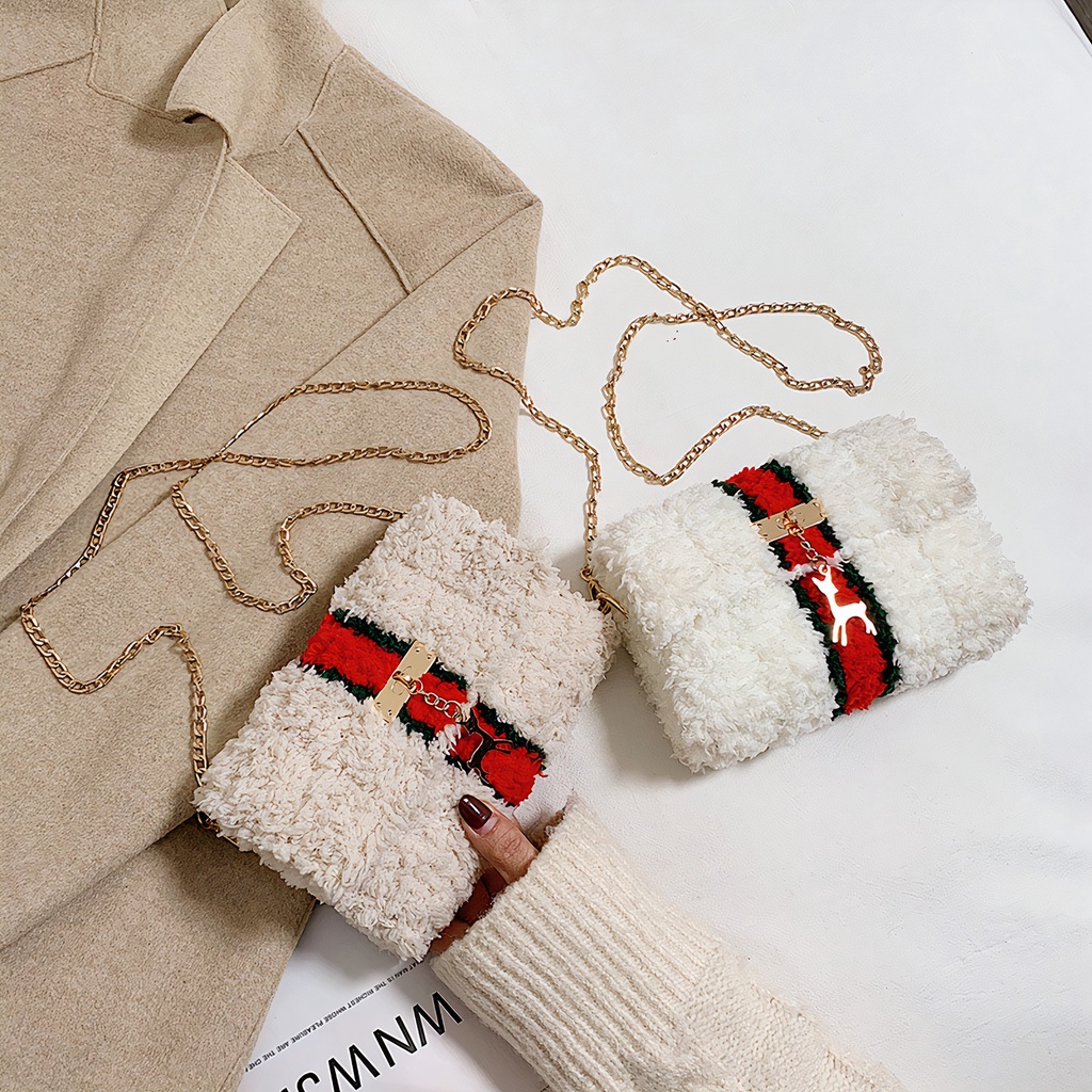 Túi len tự đan, túi đeo chéo len xù phối sọc đỏ thời trang sang trọng - Bộ phụ kiện đầy đủ LX206