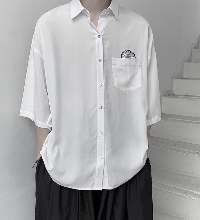 ♞AFF LIGA♞ Áo sơ mi nam ngắn tay thêu hình hoa cúc
