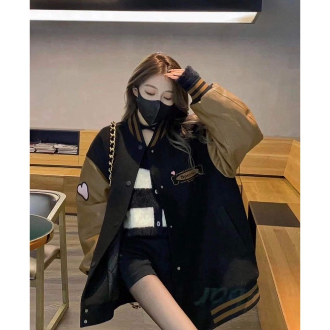 Áo Khoác Bomber Pha Da,thân áo dạ đen hình tay thêu tim form rộng Unsiex | BigBuy360 - bigbuy360.vn