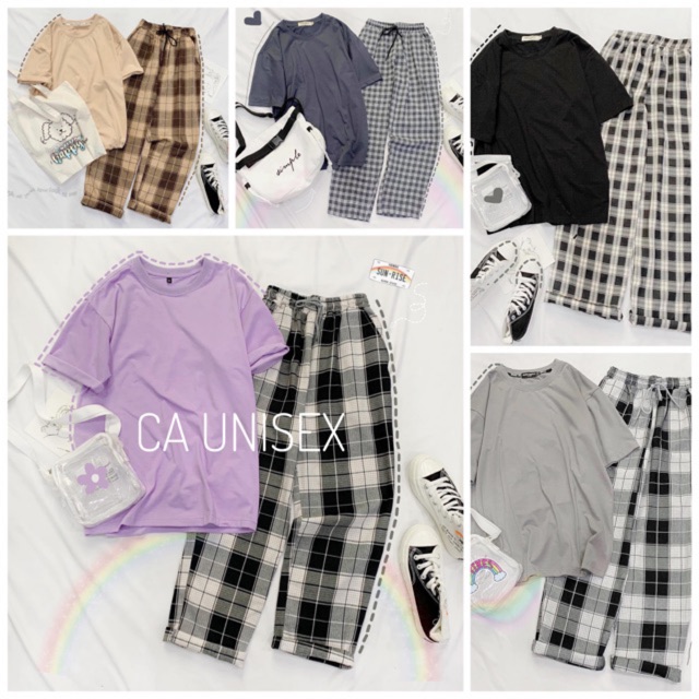 Set đồ combo siêu tiết kiệm Quần Caro + Áo Thun Oversize Nam/Nữ Unisex