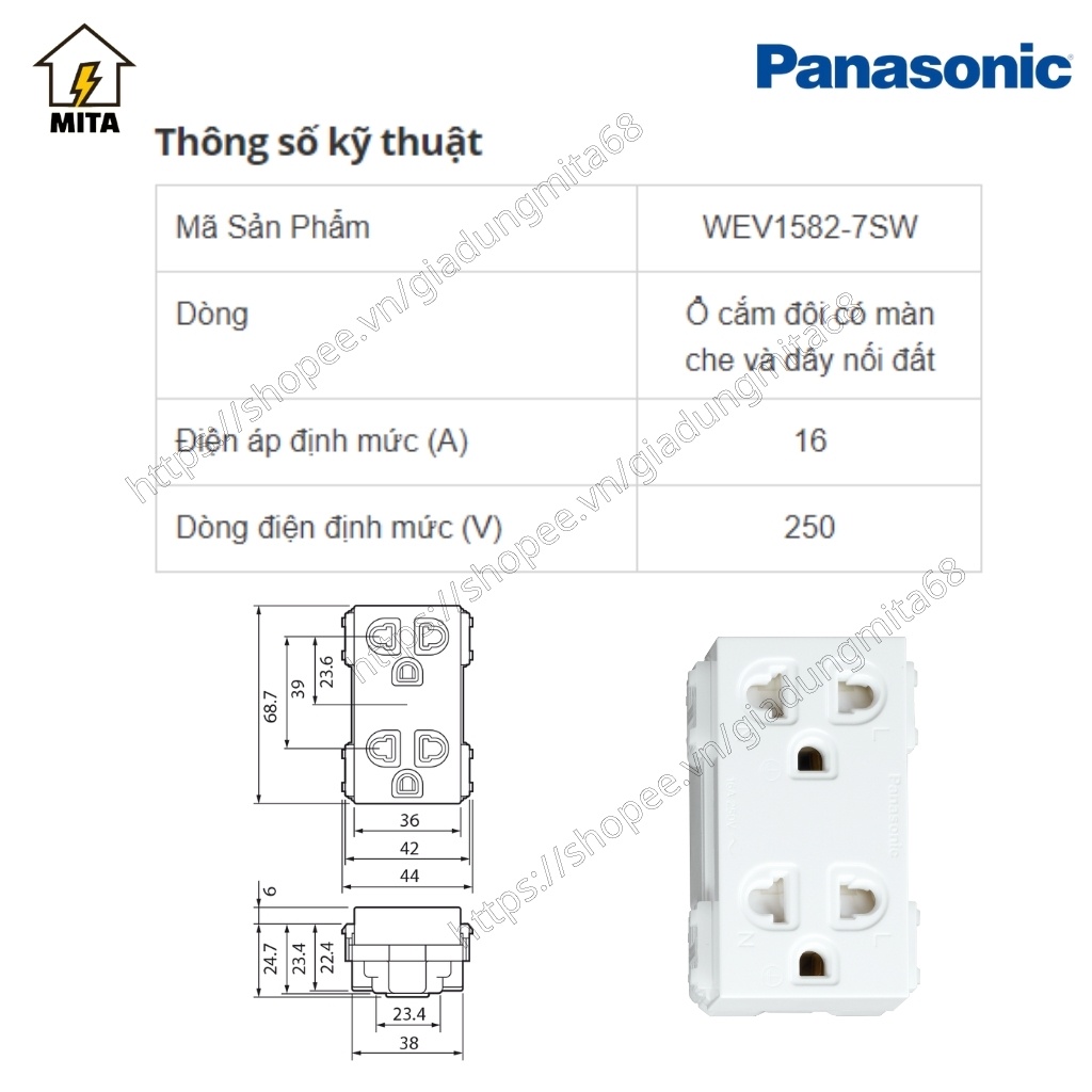 Hạt ổ cắm Panasonic Wide - Ổ cắm đơn 2 chấu 1081-7SW - Ổ cắm đôi 3 chấu WEV1582-7SW - MITA