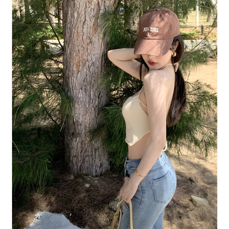 QKOOLE  Áo Croptop Hai Dây Hở Lưng Ôm Dáng Phong Cách Hàn Quốc