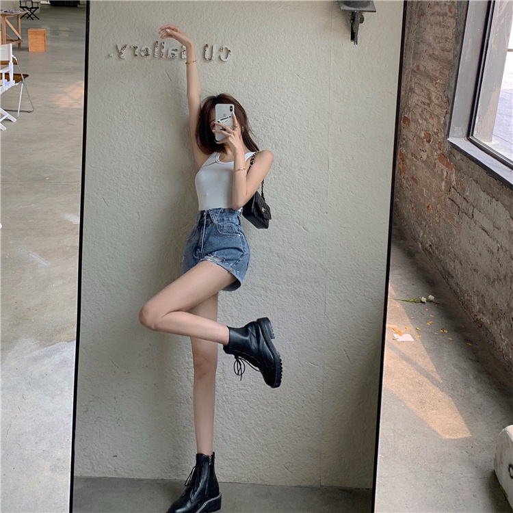 DUNEA Quần Short Denim Lưng Cao Phối Túi Cá Tính Dành Cho Nữ