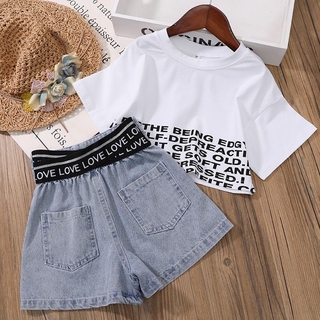 Set Áo Thun Ngắn Tay Cổ Tròn + Quần Short Jeans Lưng Cao Thời Trang Cho Bé Gái