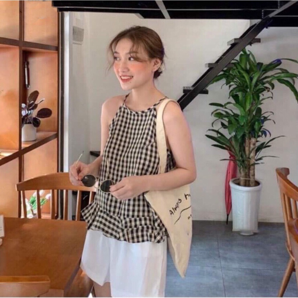 ÁO YẾM KẺ CARO NỮ XANH ĐEN HỒNG HỞ LƯNG VINTAGE - YẾM 2 DÂY KẺ CARO ÁO BA LỖ NỮ DÁNG XÒE
