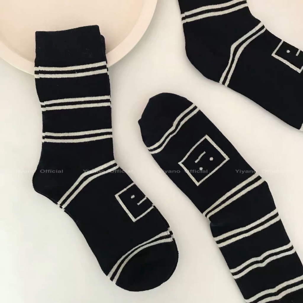Đôi Vớ Cổ Trung Kẻ Sọc Màu Trơn In Hình Mặt Cười Phong Cách Hàn Quốc Thời Trang Cho Học Sinh