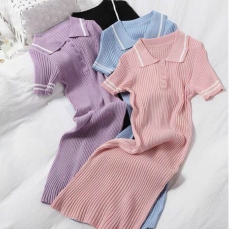 Váy Body Len Gân Cổ Bẻ Pha Viền Hàng QC