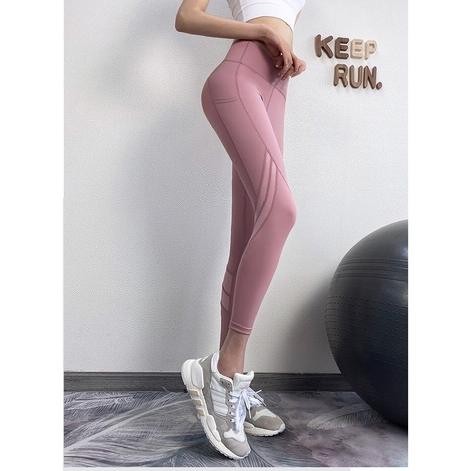 Quần legging thun poly trơn co giãn phối lưới có túi tập gym tập yoga Đồ tập Rẻ Mà Đẹp GYMSTORE 270