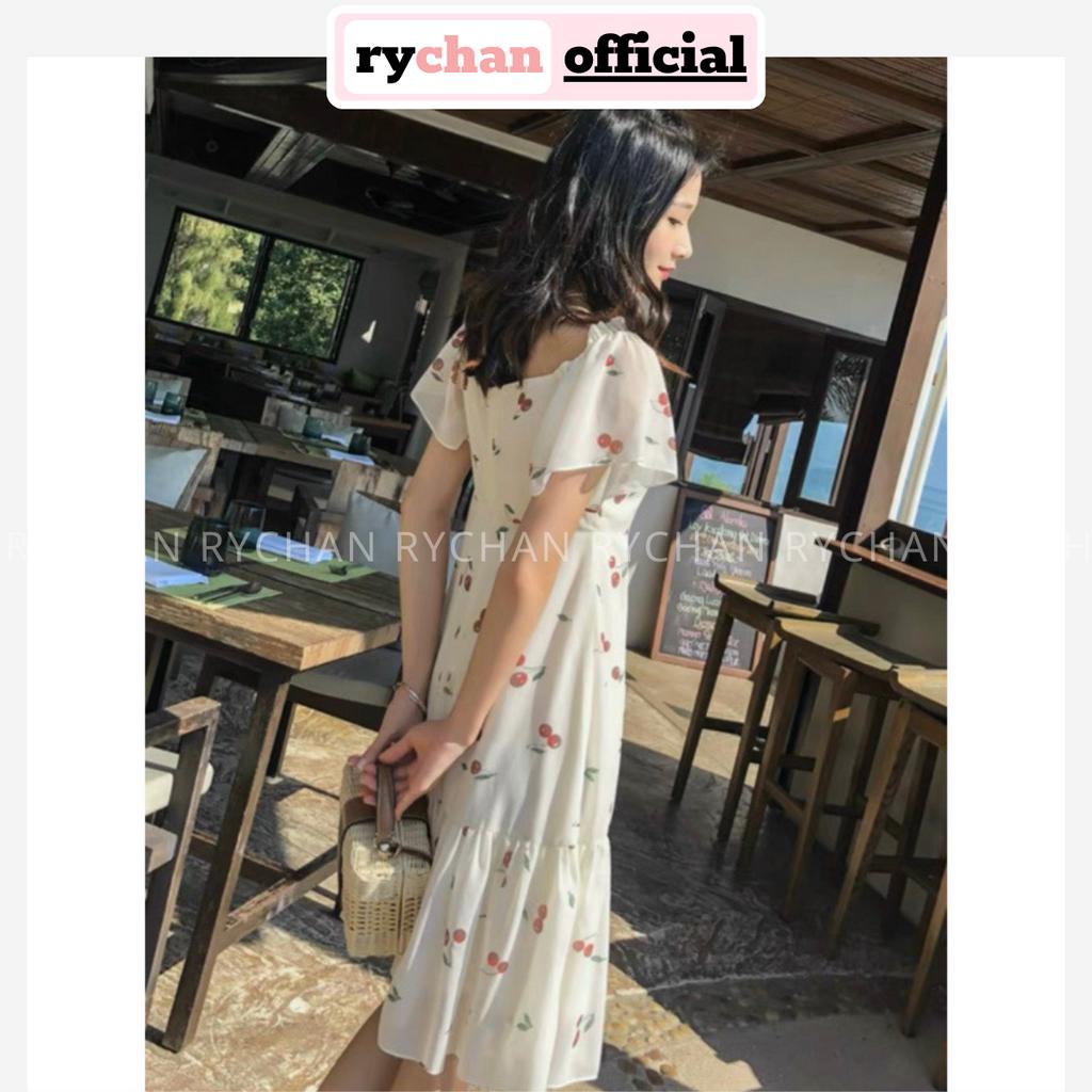 [ẢNH THẬT CUỐI] Đầm Váy Nữ Cổ Vuông Nhún Ngực Họa Tiết Cherry Đỏ Sang Chảnh, Đầm Nữ Đi Cafe Dáng Xòe Màu Trắng - DX170