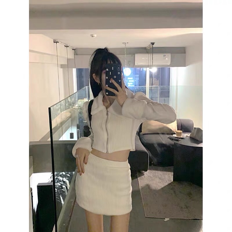 SET ÁO LEN CROPTOP CỔ LÔNG TAY LÔNG KÉO KHOÁ + CHÂN VÁY LEN BODY NGẮN