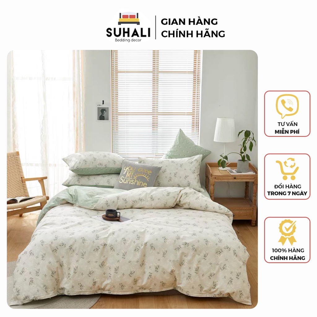 Bộ chăn ga giường 100% cotton SUHALI thoáng mát, thấm hút mồ hôi gồm vỏ chăn, ga giường và 2 vỏ gối