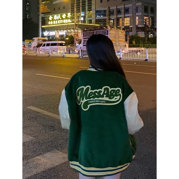 Áo khoác bomber varsity tay da hoạt tiết thêu phong cách retro thời trang nam nữ