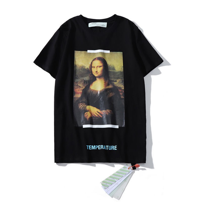 Off White Áo Thun Cotton Ngắn Tay Dáng Rộng Họa Tiết Tranh Sơn Dầu Mona Lisa Độc Đáo Cho Nam Nữ