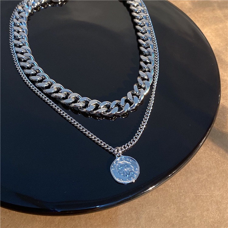 Dây chuyền 19306 hai lớp mặt chân dung bằng kim loại phong cách hip-hop cổ điển