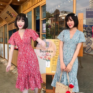 [Ảnh thật] Đầm voan hoa đuôi cá cổ V vintage ulzzang